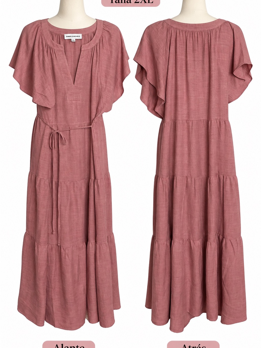 Emma & Michele Dusty Rose Tiered Maxi Dress with Flutter Sleeves